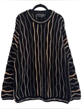 Vintage 90s Baracuta by Tundra Crewneck Sweater 3D Knit Black Multicolor